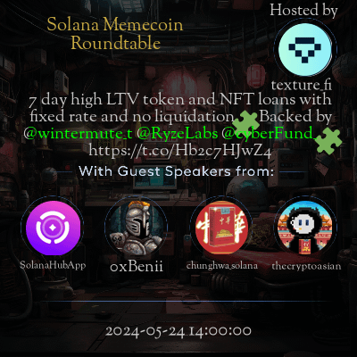 Solana Memecoin Roundtable event with guest speakers, NFT market, community engagement